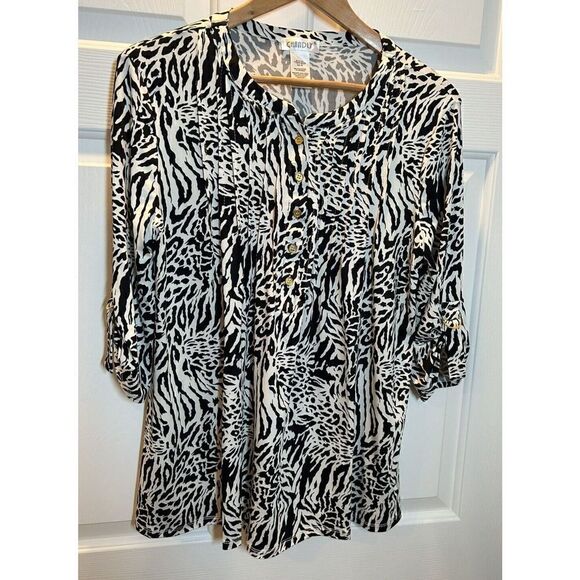 Chandly Women's Medium Animal Print Gold Buttons Roll-Tab Blouse Top Shirt - Picture 1 of 3